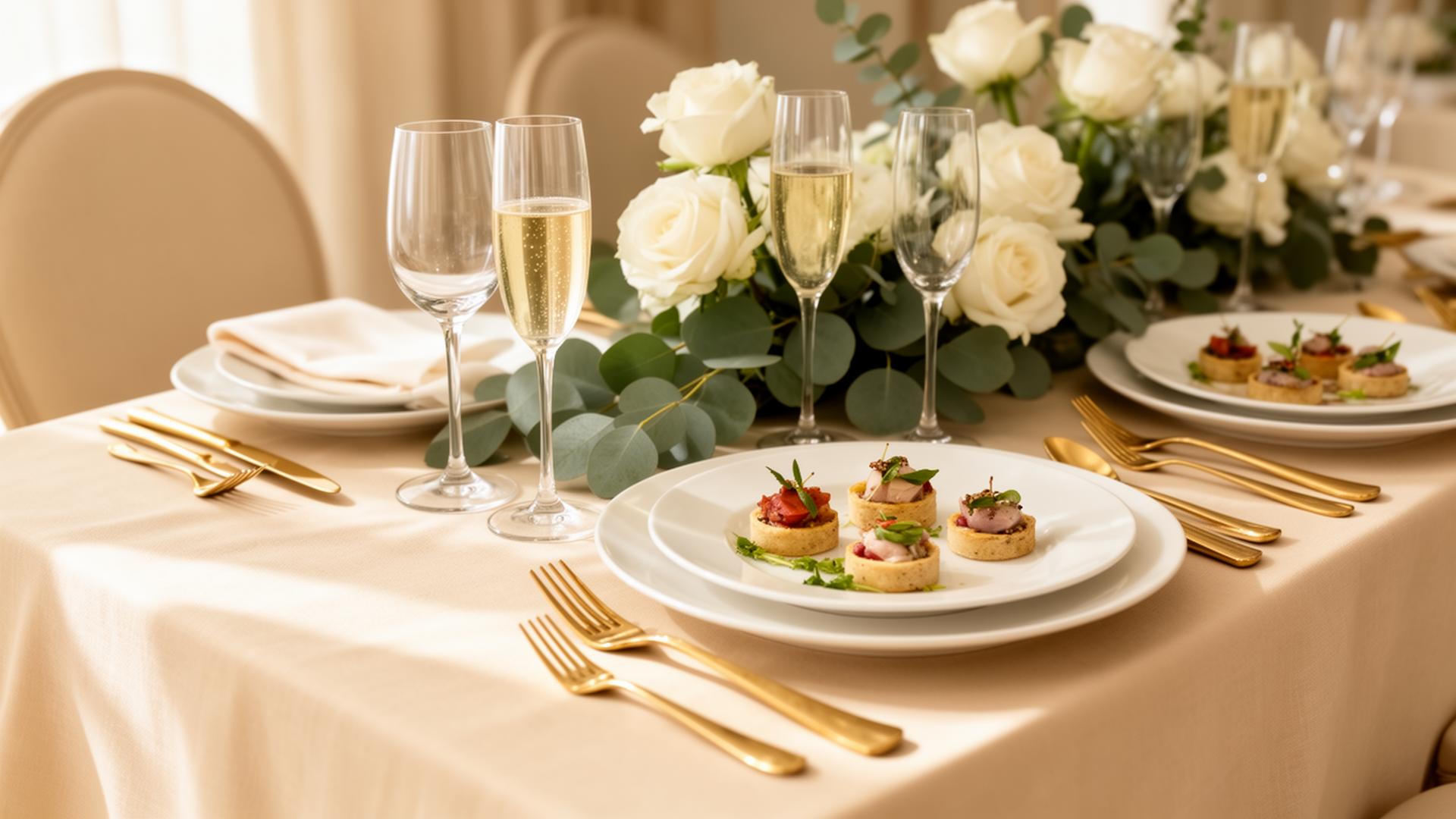 Elegant tablescape with white roses and gold cutlery